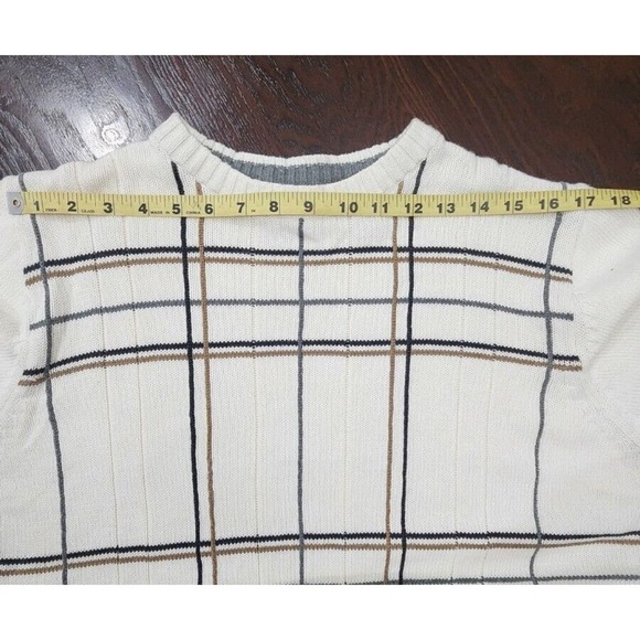 Oscar de la Renta Designer Men's Crew Neck Sweater Cotton Preppy‎ Cream Plaid M - Picture 9 of 9